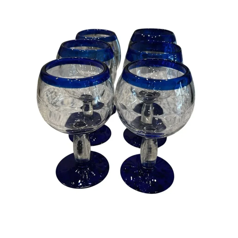 Mexican Handcrafted Cobalt Blue Rim Wine Glass Set of 6